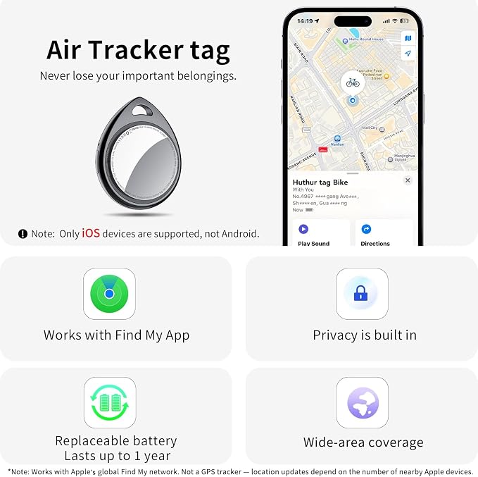 Air Tracker Tags-4 Pack, 5.3 Bluetooth Tracker Work with Apple Find My (iOS Only), 100dB Sound, Smart Tag with Keychain/Lanyard, Item Finder for Luggage/Key/Suitcase, Replaceable Battery, Black.