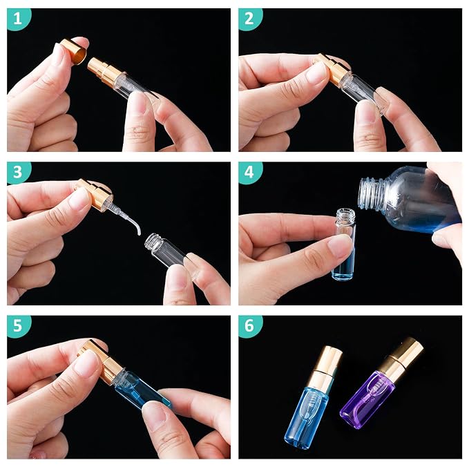 Zhehao 1 Pcs Mini Spray Bottles Clear Glass Perfume Bottles Refillable Fine Mist Perfume Atomizer Portable Empty Sample Containers for Cleaning, Essential Oils, Travel (Gold Cap,3 ml)