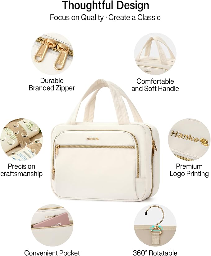 Hanke Hanging Travel Toiletry Bag for Women, Water-Resistant Makeup Organizer with Hook, Cosmetic Bag for Bathroom & Travel Essentials Accessories, Off White