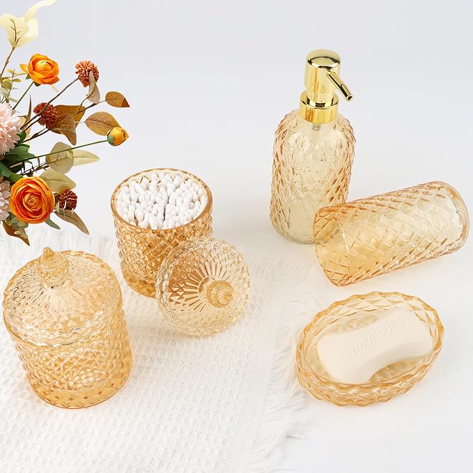 5Pcs Clear Gold Bathroom Accessories Set,Glass Bathroom Accessory Set, Bathroom Counter Sink Toothbrush Holder Set Includes 13.5oz Hand/Lotion Soap Dispenser & Tumbler & Soap Dish & Qtip Holders