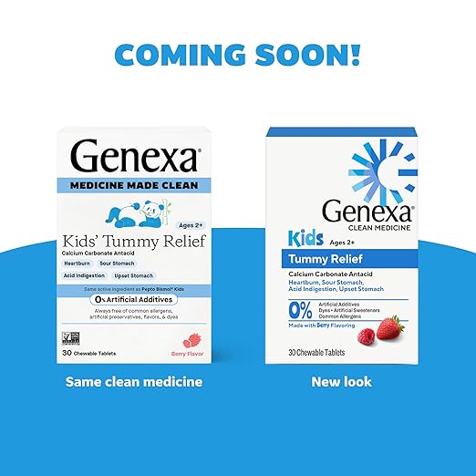 Genexa Kids' Clean Tummy Relief | Heartburn, Acid Indigestion & Sour Stomach Relief | Children's Calcium Carbonate | Dye Free, 0% Artificial Additives | Ages 2-11, Berry Flavor Chewable Tablets, 30ct