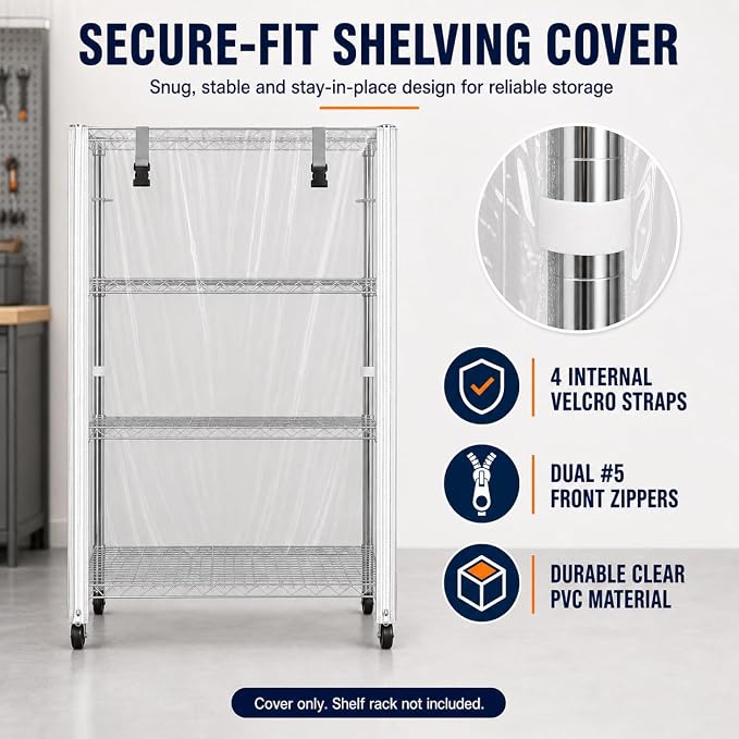 Clear Wire Rack Cover for Wire Shelving – Heavy-Duty PVC Dustproof Storage Rack Protector with Dual Front Zippers, 48" x 24" x 72" (Cover Only)