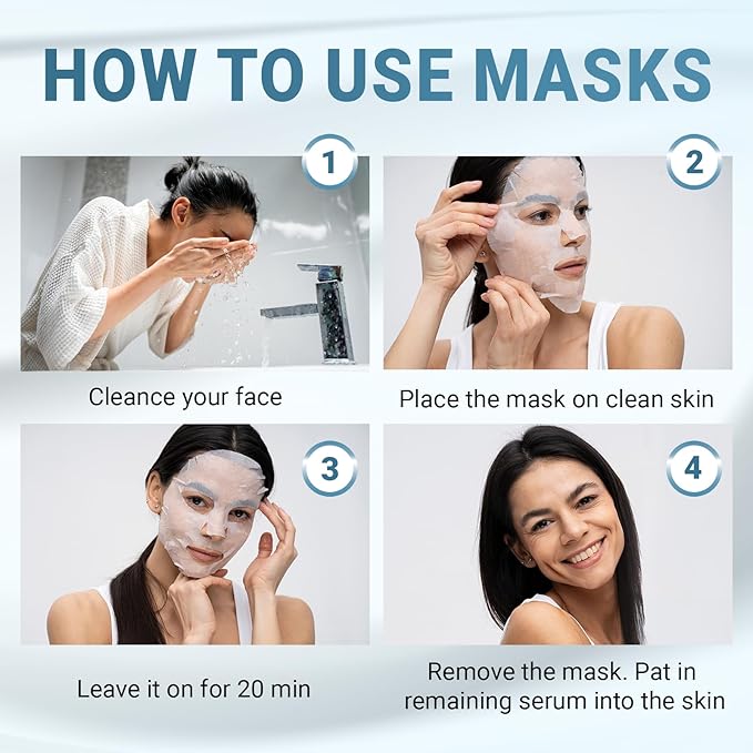 VIABEAUTY 12 Pack of Hyaluronic Acid Face Mask with Peptides Complex - Deep Hydrating & Brightening Facial Sheet Mask - Moisturizing Face Masks Skincare Facial Sheets for All Skin Types
