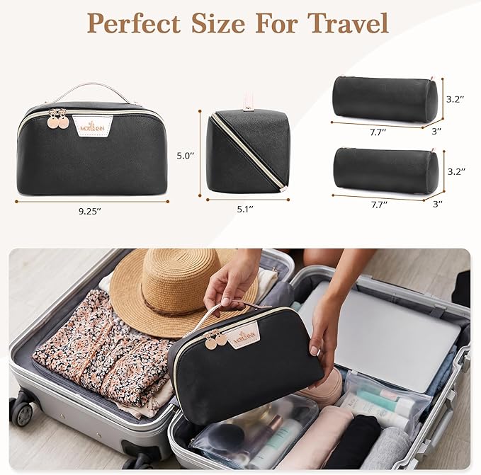 Travel Makeup Bag for Women: 3-in-1 Large Capacity Cosmetics Organizer with 2 Detachable Pouch - Vegan Leather Flat Open Toiletry Bag - Portable Travel Essentials for Full-Sized Bottles-Black