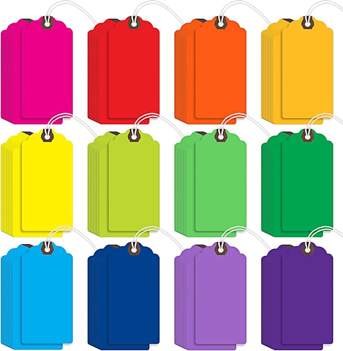 Outus 480 Pcs Manila Tags Rainbow Colors Gift Tags with String Attached Shipping Luggage Paper Tag Hanging Price Label for Christmas DIY Crafts Gift Holiday Party Favors