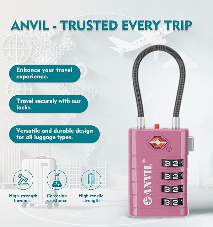 ANVIL TSA Approved Luggage Locks with Search Alert Indicator, 4-Digit Combination Suitcase Lock, Advanced TSA008 Core Heavy Duty Anti-Theft Travel Lock for Double Zippers, Backpacks