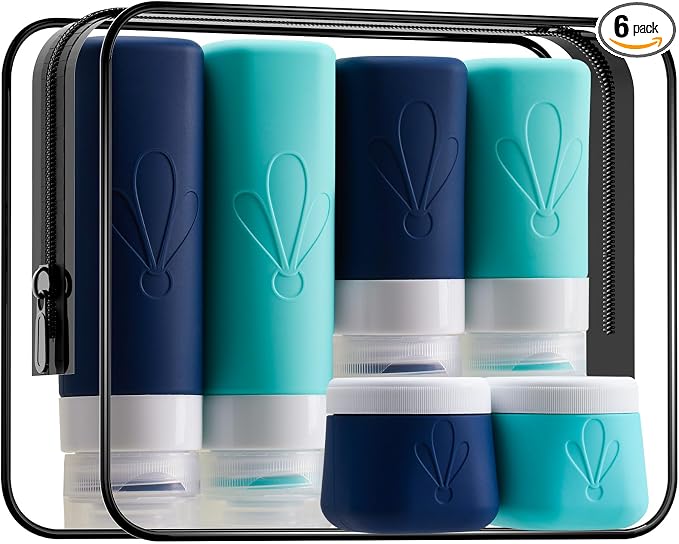 INSFIT travel bottles for toiletries 6 Pack, Leak proof Travel Size Toiletries Containers with toiletry bag, Squeezable Silicone Bottles & Cream Jars, Travel Essentials BPA-Free set for Shampoo