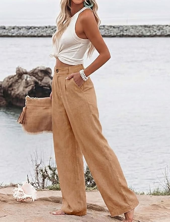Hooever Womens Cotton Linen Pants Casual Button Up High Waisted Wide Leg Trousers