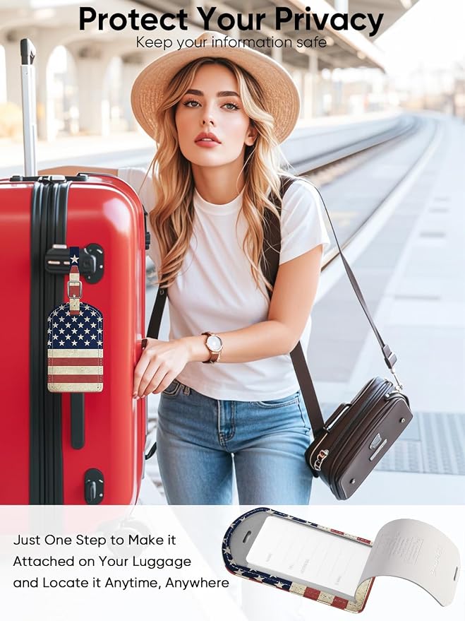 Luggage Tag Built-in Anti-Loss Tracker & Luxury Leather(US Flag) | for Suitcase, Travel Bags, Backpacks, Travel Organizer for Lost Baggage Prevention