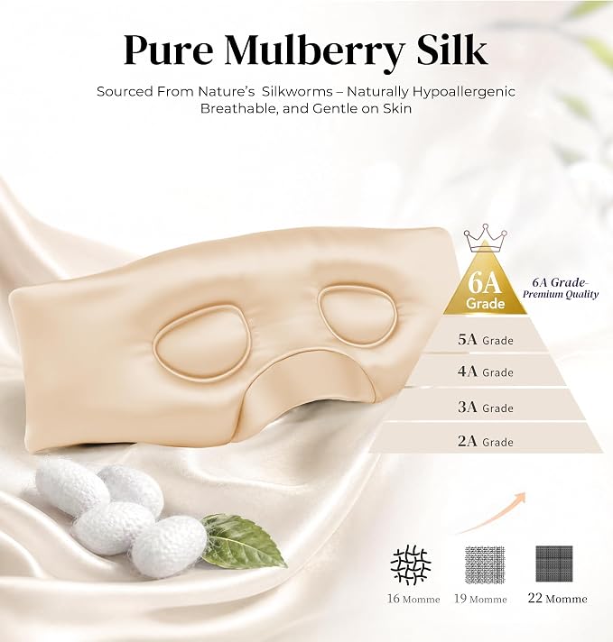 LC-dolida 3D Silk Bluetooth Sleep Mask, Mulberry Silk Sleep Mask with Bluetooth Headphones, Bluetooth Eye Sleep Mask for Side Sleepers, Total Blackout Bluetooth Eye Mask for Women Men, Champagne