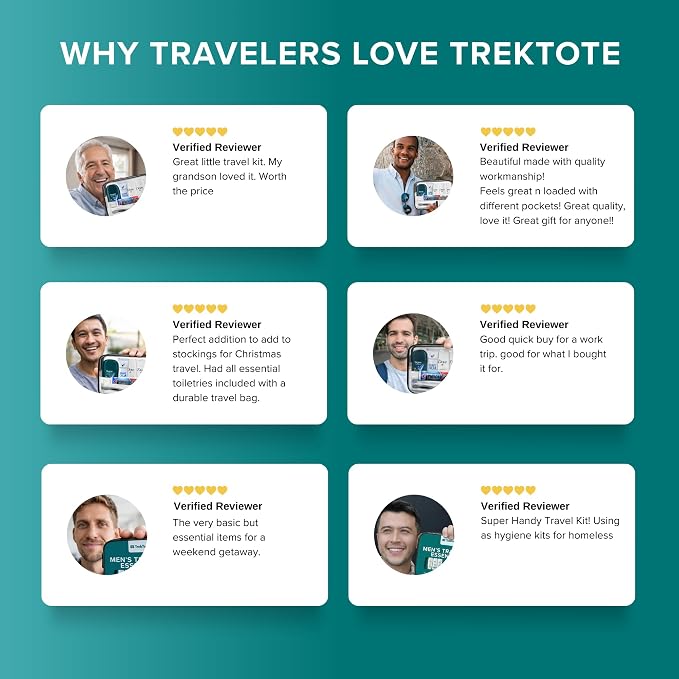 TrekTote 12 Piece Men’s Travel Toiletry Kit TSA Approved Travel Size Toiletries Set Hygiene Kit with Toothbrush Toothpaste Deodorant Razor Shampoo Conditioner
