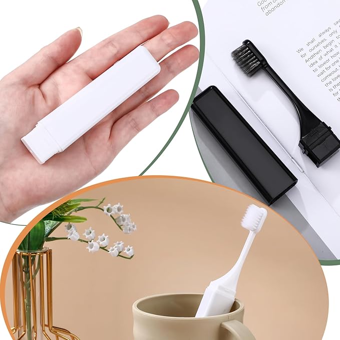 Patelai 2 Pieces Travel Toothbrush Set, Travel Size Toiletries, Soft Bristle Mini Foldable Tooth Brush with Case, Individually Wrapped Small Portable Toothbrush for Camping Home (Black and White)