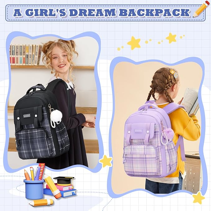 MUSEVOS Girls Backpack, Ideal School Backpack for Girls from Elementary to Teen Years, Kawaii Bookbag Cute Large Capacity