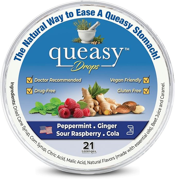 Three Lollies Queasy Drops - Ease Chemotherapy Nausea & Travel Sickness - Alleviates a Dry Mouth - Natural Ingredients - 21 ct