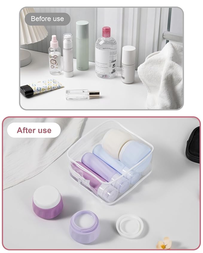 Mrsdry Travel Size Toiletries 8 Pack, TSA Approved 3oz Silicone Squeeze Bottles & Cream Jars with Clear Travel Bag