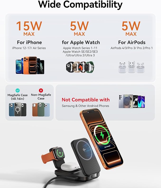 INIU 3 in 1 Foldable Wireless Charging Station, Original Qi2 Certified 15W Fast Mag-Safe Charger Stand for iPhone 17 16 15 14 13 12, Apple Watch, AirPods, Ideal for Travel Office Desk Accessories