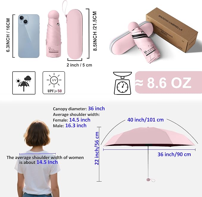 BAODINI Travel Essentials Mini Umbrella for Purse With Case Small Compact UV Sun Protection Lightweight Tiny Pocket Manual Open Close Umbrella for Women Kids and Men Fits Purse Backpack