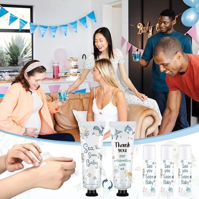 Loopeer 50 Set / 200 Pcs Sea You Soon Baby Shower Favor Bulk Hand Cream Lip Balm Gifts for Guests with Thank Cards Organza Bag Thank You for Celebrating with Us Ocean Animal