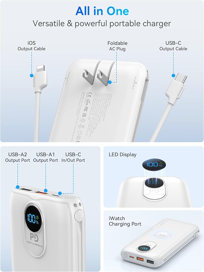 Portable Charger, 10000mAh 20W Fast Charging Power Bank with Built in Cables & AC Wall Plug & LED Display, Travel Essentials Battery Pack Powerbank for iPhone, iPad, iWatch, Samsung, White