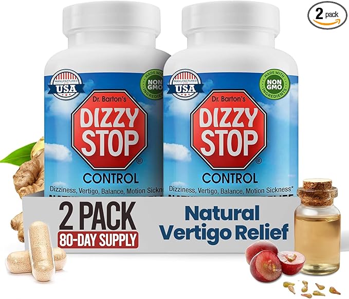 Dizzy Stop Dr. Barton's Vertigo Relief Products with Ginger and Grape Seed - Non-Drowsy Motion Sickness Pills for Dizziness Relief and Inner Ear Balance - (80 Count – Pack of 2)