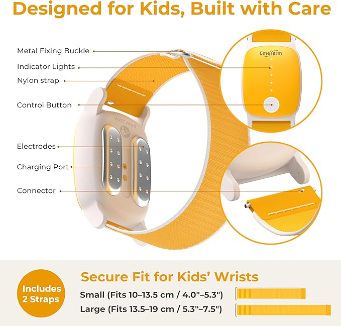 EmeTerm Explore for Kids FDA-Cleared Anti-Nausea Wristband IP68 Waterproof Morning Motion Sickness Relief Band Rechargeable Classic Strap Design Drug Free Non-drowsy Without Side Effects Sunny Yellow