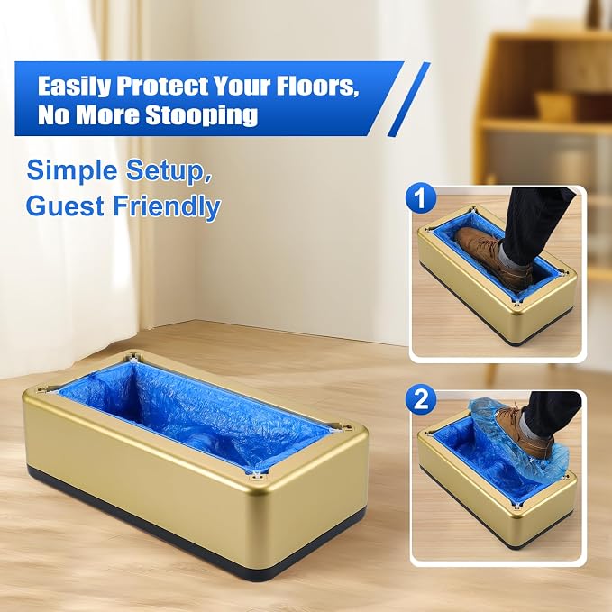 Shoe Cover Machine with 200pcs Shoe Covers Disposable, User-Friendly and Reliable Shoe Cover Dispenser, Fits Size Up to 11 US Men, Widely Applicable in Indoor, Hospital(Gold)