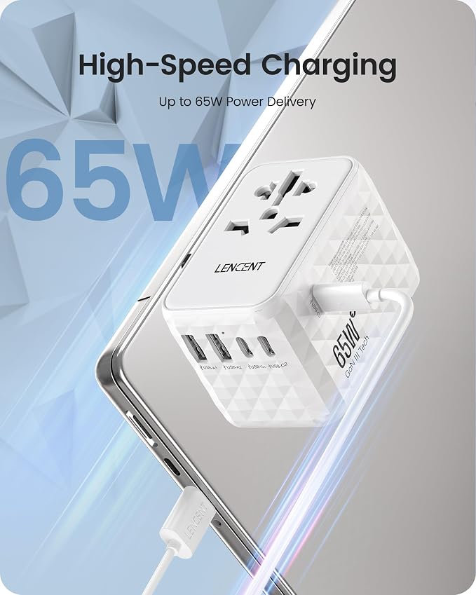 LENCENT 65W International Travel Adapter, Universal Travel Adapter with 2 USB-A & 3 PD Type C Power Outlet, Fast Charging for Phone,Laptops, All-in-One Outlet Converter for USA/UK/EU/AUS, White