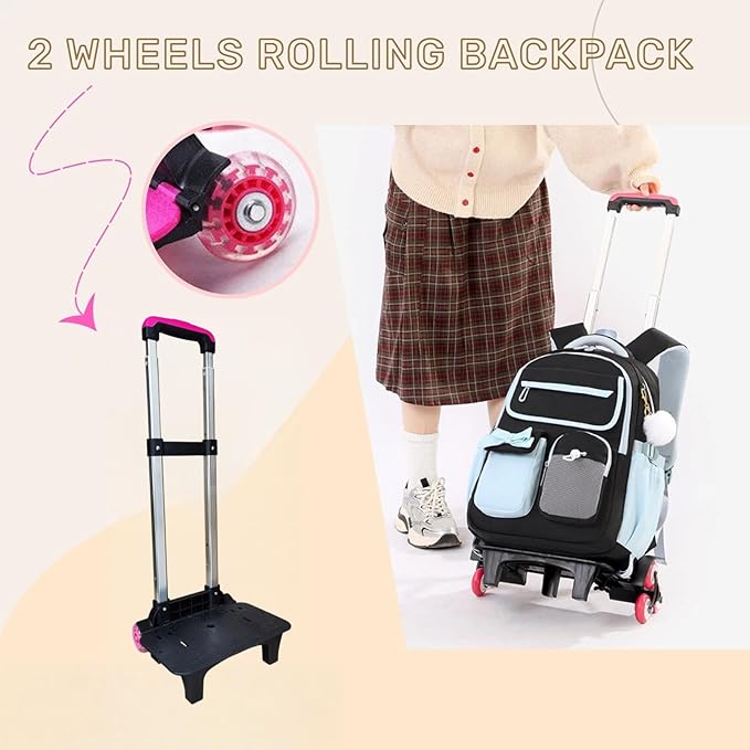 School Backpack with Wheels for Girls Wheeled Bookbags Kids Rolling Backpack for Girls Trolley School Bag, Black Blue 2 Wheels
