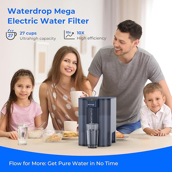 Waterdrop ED04B-L Mega Electric Water Filter Dispenser, Large 27-Cup, 200-Gallon Rechargeable Instant System, NSF/ANSI 42&53&401&372, Reduce PFOA/PFOS, Lead, Chlorine, Does not Lower TDS, Blue