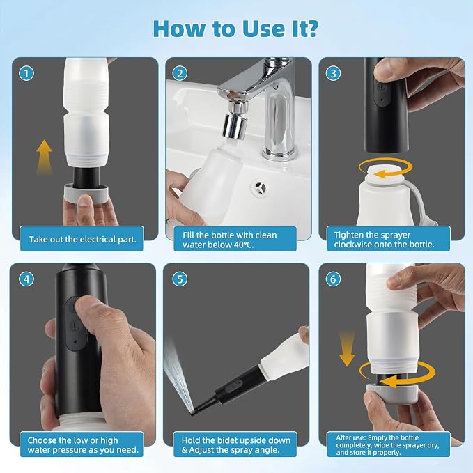 Hibbent Portable Bidet for Travel, High Pressure Electric Handheld Bidet Sprayer, 350-550ML Expandable Bottle for Personal Hygiene, USB-C Rechargeable Waterproof, Travel Sprayer for Women & Men, Black