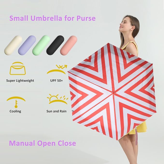 BAODINI Travel Essentials Mini Umbrella for Purse With Case Small Compact UV Sun Protection Lightweight Tiny Pocket Manual Open Close Umbrella for Women Kids and Men Fits Purse Backpack