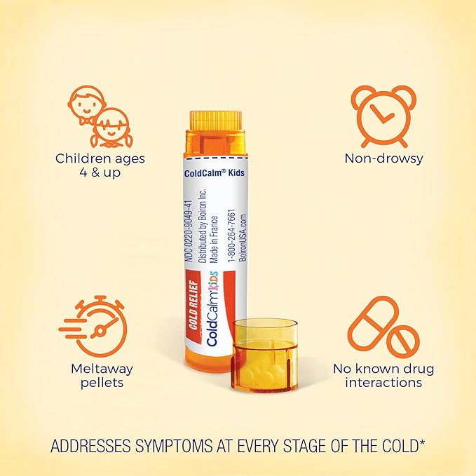 Boiron ColdCalm Kids Pellets for Relief of Common Cold Symptoms Such as Sneezing, Runny Nose, Sore Throat, and Nasal Congestion - (320 Total Pellets), 80 Count(Pack of 4)