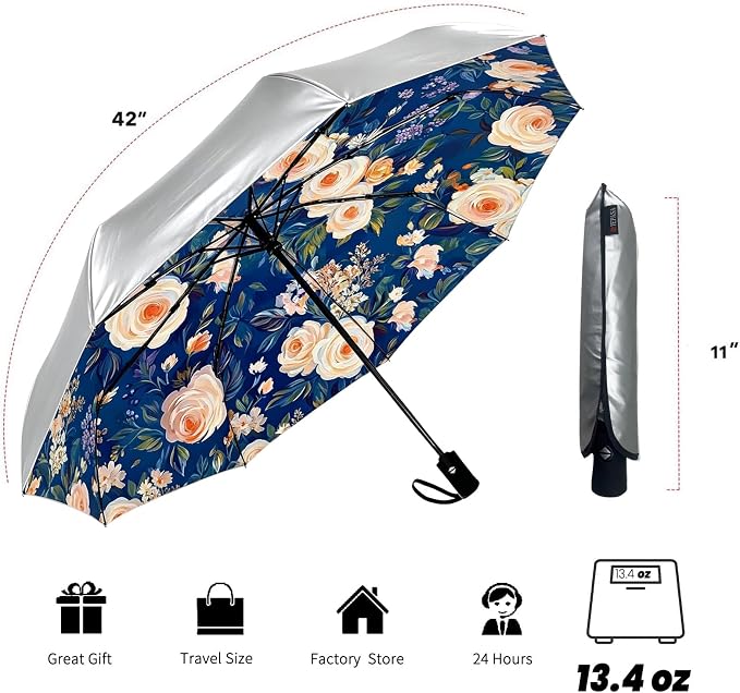 SIEPASA Compact Travel Umbrella - Windproof Auto Open/Close, Small Folding Umbrella for Rain & Sun with UPF50+ - Lightweight Frame, Waterproof - Fits Backpack, Purse, Suitcase.(Silver/Rose)