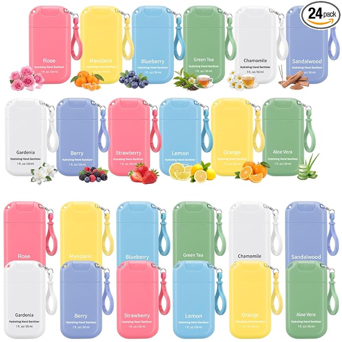 24 Pack Cute Mist Hand Sanitizer Spray Keychain Mini Hand Sanitizer Bulk Travel Size 1oz Wedding Favor Scented Moisturizing Variety Pack Back to School Teacher Gift Positive Employee Team Gift