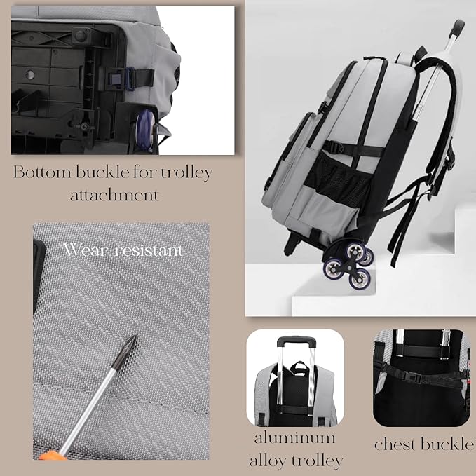 EKUIZAI Kids Rolling Wheeled Backpack for Boys Girls Roller Middle School Backpack with Wheels Rolling Bookbag Trolley Bag for Kids，2 Wheels White