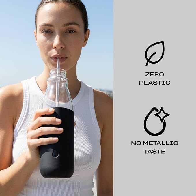 S'well Glass Original Water Bottle With Straw, 18oz, Onyx, Borosilicate Glass Bottle With Collapsible Glass Straw And Silicone Sleeve, Zero Plastic, Leakproof, BPA Free