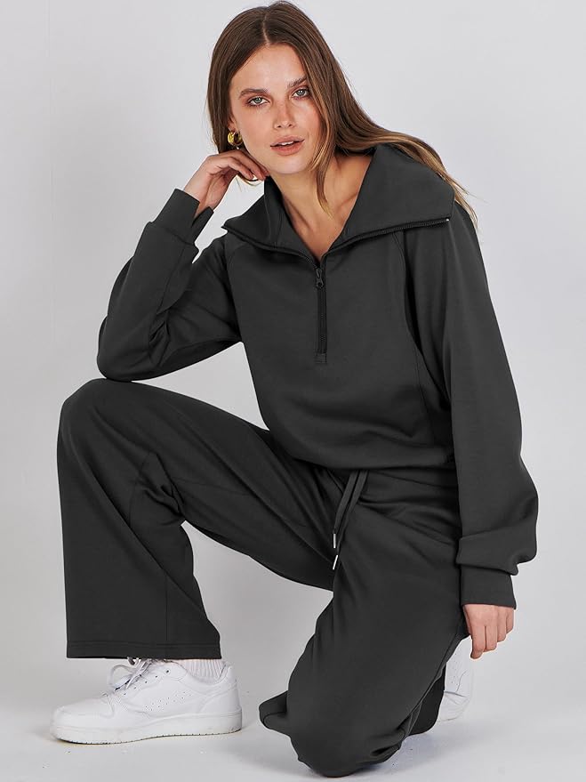 ANRABESS Women’s 2 Piece Outfits Half Zip Sweatshirt & Wide Leg Pants Airport Travel Lounge Matching Sets Sweatsuits Clothing