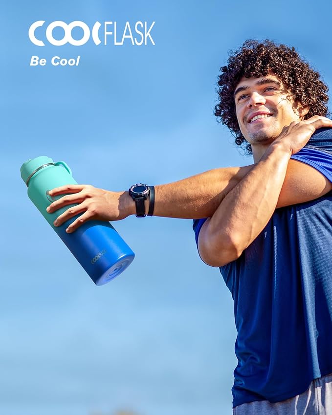 Coolflask Water Bottle 40 oz Insulated with Straw, Stainless Steel Metal 3 Lids Water Flask for Sports or Office, Keep Cold 48H Hot 24H, Pacific Prince