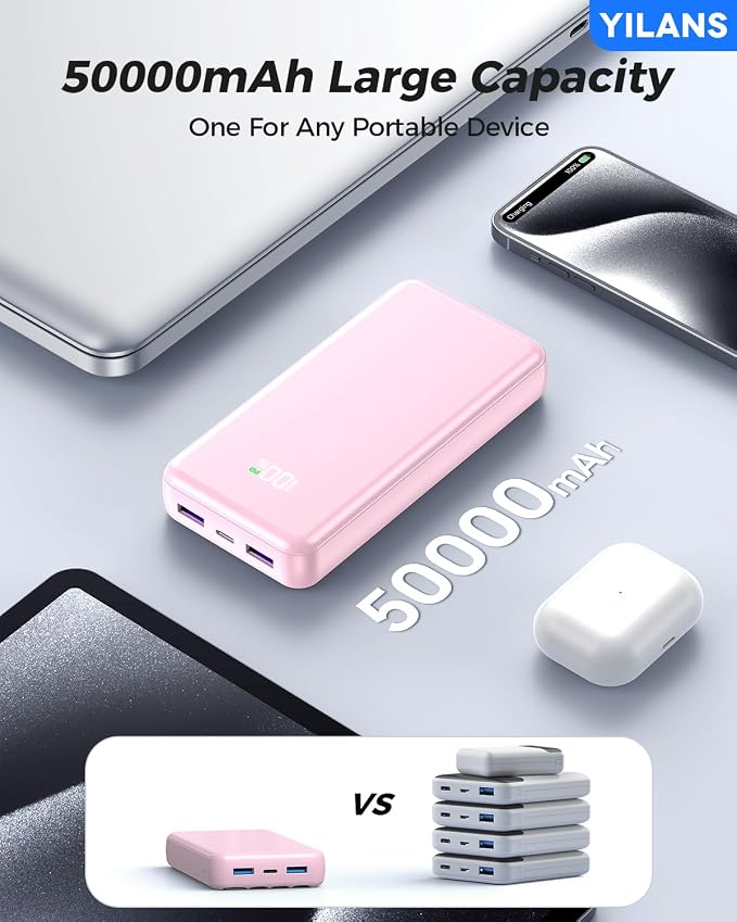 Portable Charger,50000mAh Power Bank Built-in Cable, 22.5W PD USB C In & Out Fast Charging, External Battery Pack with 6 Output & 2 Input, Travel Phone Charger for iPhone 17/16/15/14/13/12(Rosy)