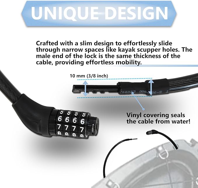 Lumintrail Long Coiled Bike Cable Lock 3/8 Inch (4, 6, 10, 15, 30ft), Weatherproof Locks for Kayak, Bike, Scooter, Paddleboard, Outdoor Equipment, Resettable Combination Lock Anti Theft Protection