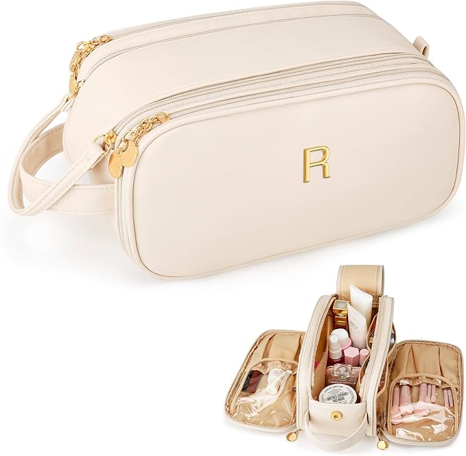 Gifts for Women Teen Girls Large Capacity Initial Travel Makeup Bag, 3-Compartment Cosmetic Organizer with Clear Brush Holders, Large Opening Waterproof Toiletry Bag, Beige,R