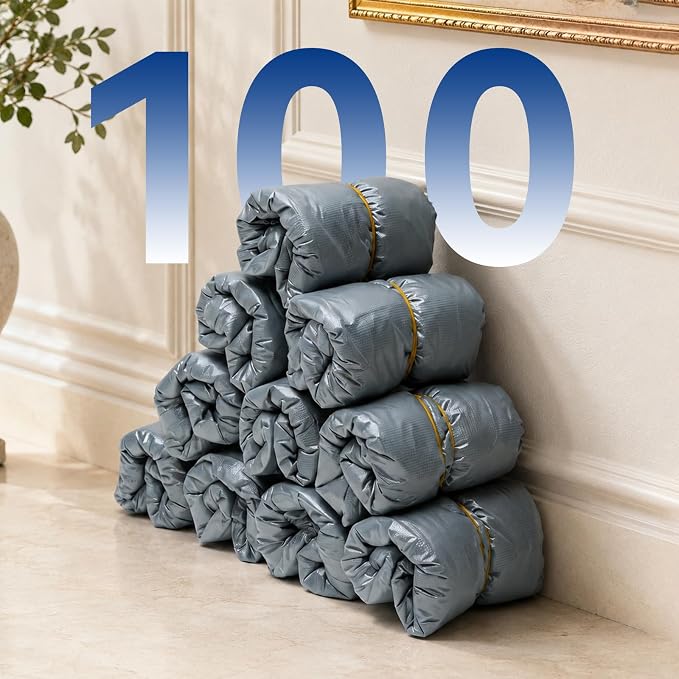 100pcs Shoe Cover Dispenser Refill, Upgraded Thick CPE Automatic Shoe Cover Machine Refills, T-Buckle Disposable Booties for Indoors, Waterproof & Anti-Slip, Gray, Universal Fit