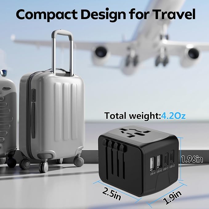 JMFONE Universal Travel Plug Adapter 5 in 1 Charger, European Travel Plug Adapter 2xUSB-A and 2xUSB C Wall Charger with Worldwide AC Outlet,International Power Adapter for Europe USA UK AUS Asia