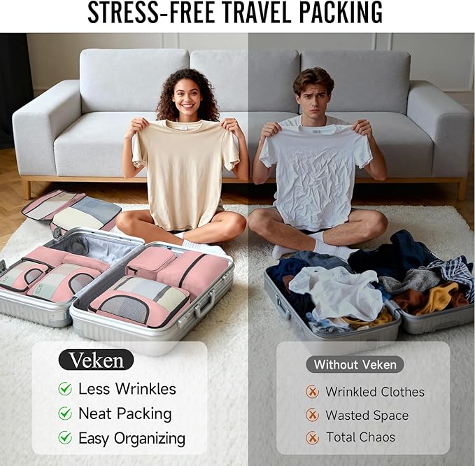 Veken 8 Set Packing Cubes for Travel Essentials, Suitcase Organizer Bags in 4 Sizes, Carry-On Luggage Accessories with Large Laundry Bag & Passport Holder, Must-Have for Airplane, Road Trip & Camping