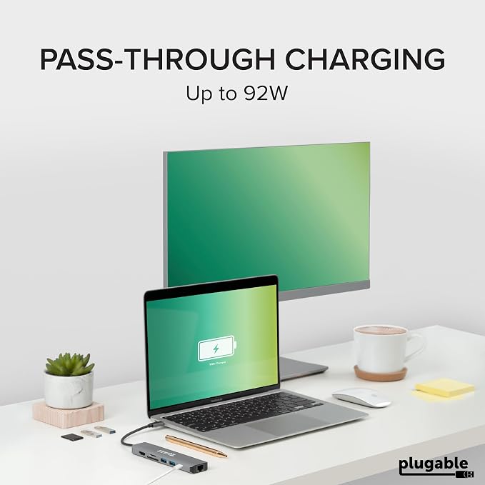 Plugable 7-in-1 USB C Hub Driverless Multiport Adapter with Ethernet, Single 4K60Hz HDMI, 100W Pass-Through Charging, 2X USB 3.0, SD/microSD, for USB-C, USB4, Thunderbolt, Mac, Windows, Chromebook