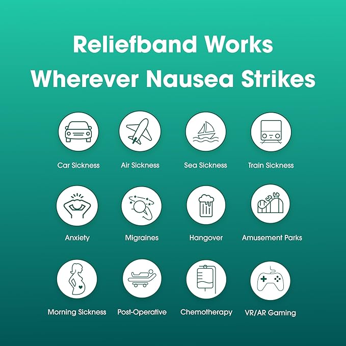 Reliefband Premier+ Anti-Nausea Wristband with Conductivity Gel - FDA-Cleared, Drug-Free, Fast-Acting Relief for Motion Sickness, Travel, Anxiety & Migraines - Smart Display, Rechargeable