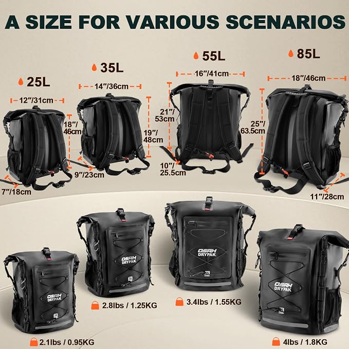 OSAH DRYPAK Waterproof Backpack Dry Bag 35L/55L/85L– Heavy Duty Roll-Top Hiking Backpack for Travel, Kayaking, Boating, Camping, Rafting and Fishing