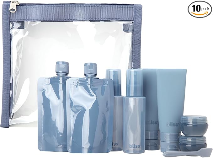Bliss Travel Bottles Set - 10PC TSA Approved Leak Proof Refillable Travel Size Toiletries Containers for Shampoo Conditioner Lotion & Skincare, Size One Size, Denim Blue