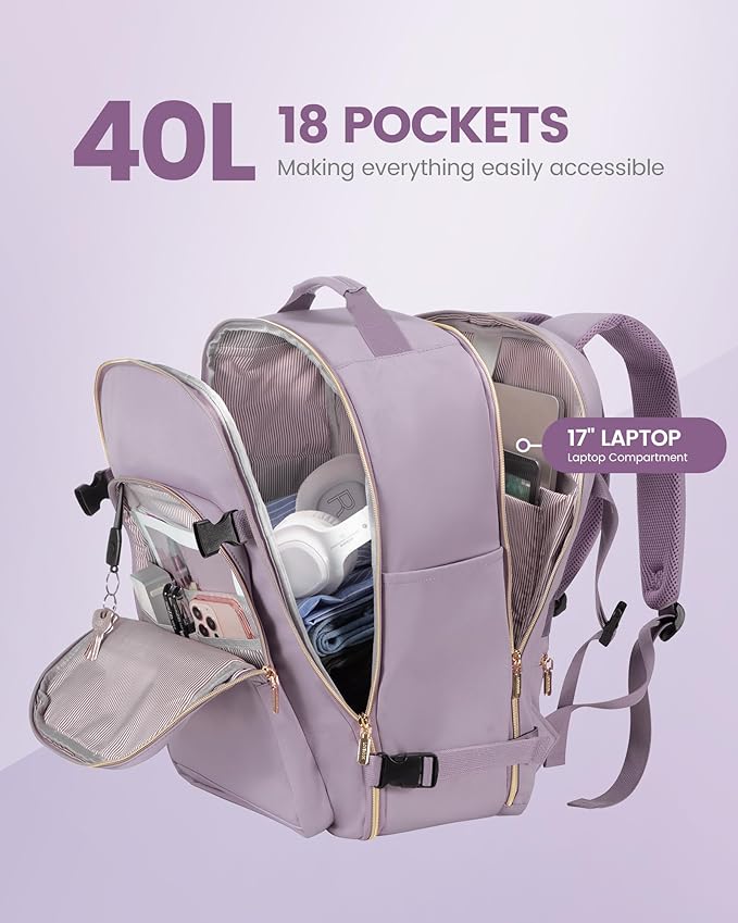 LOVEVOOK 40L Travel Backpack Flight Approved Carry on Backpack,3 Packing Cubes,Waterproof Personal Item Travel Bag,TSA Carry on Luggage Suitcase Travel Essentials,Gifts for Women & Men,fits 17" Laptop