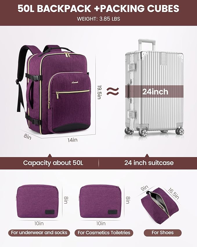 LOVEVOOK 50L Travel Backpack Flight Approved Carry on Backpack,3 Packing Cubes,Waterproof Personal Item Travel Bag,TSA Carry on Luggage Suitcase Travel Essentials,Gifts for Women & Men,fits 18" Laptop
